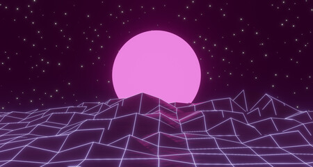 3d render, neon glowing retro wireframe with sun poster
