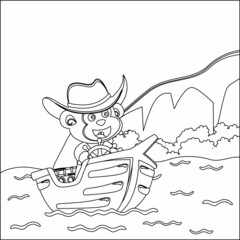 Funny monkey cartoon vector on little boat with cartoon style, Trendy children graphic with Line Art Design Hand Drawing Sketch Vector illustration For Adult And Kids Coloring