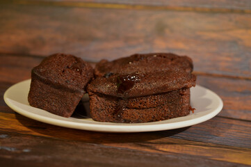 Chocolate block cake served on a plate