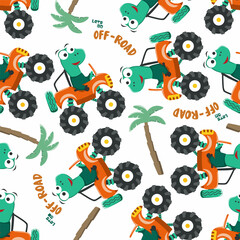 Seamless pattern vector of monster truck with animal driver. Creative vector childish background for fabric textile, nursery background, baby clothes, poster, wrapping paper and other decoration.