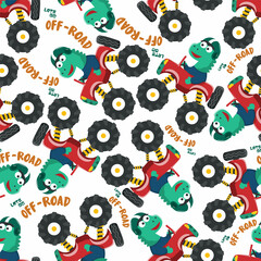 Seamless pattern vector of monster truck with animal driver. Creative vector childish background for fabric textile, nursery background, baby clothes, poster, wrapping paper and other decoration.