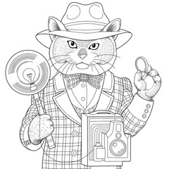Cat man portrait. Fantasy animal coloring book page for adults