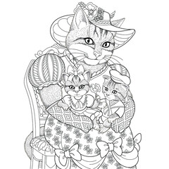 Cat girl portrait. Fantasy animal coloring book page for adults