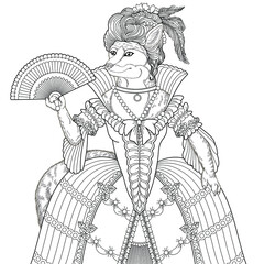 Fox princess portrait. Fantasy animal coloring book page for adults