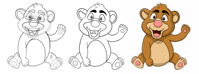 Character drawing stages. Sketching, coloring and lighting. Baby bear greets. Cartoonized drawing. Cartoon character. Brown cute teddy bear. Cute bear. Digital drawing. Flat drawing concept.
