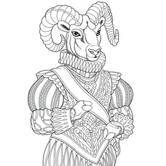 Goat king portrait. Fantasy animal coloring book page for adults