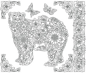 Adult coloring book page. Floral polar bear. Ethereal animal consisting of flowers, leaves and butterflies