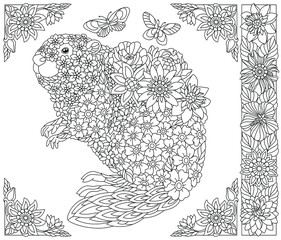 Adult coloring book page. Floral beaver. Ethereal animal consisting of flowers, leaves and butterflies