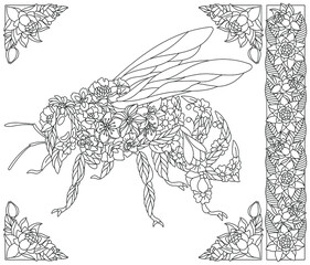Adult coloring book page. Floral honey bee. Ethereal animal consisting of flowers and leaves