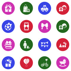 Child Gift Icons. White Flat Design In Circle. Vector Illustration.