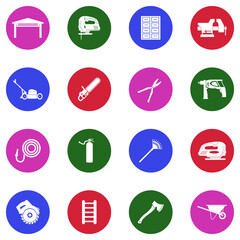 Home Workshop Icons. White Flat Design In Circle. Vector Illustration.