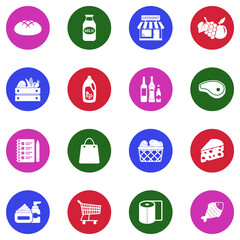 Grocery Shopping Icons. White Flat Design In Circle. Vector Illustration.