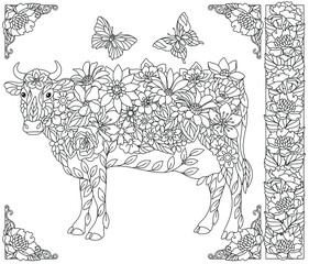 Adult coloring book page. Floral cow. Ethereal animal consisting of flowers, leaves and butterflies