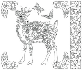 Adult coloring book page. Floral deer. Ethereal animal consisting of flowers, leaves and butterflies