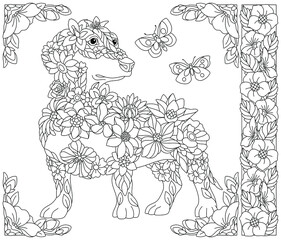 Adult coloring book page. Floral dachshund dog. Ethereal animal consisting of flowers, leaves and butterflies