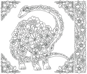 Adult coloring book page. Floral diplodocus dinosaur. Ethereal animal consisting of flowers and leaves © Sybirko