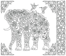 Adult coloring book page. Floral elephant. Ethereal animal consisting of flowers, leaves and birds