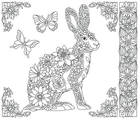 Adult coloring book page. Floral hare or rabbit. Ethereal animal consisting of flowers, leaves and butterflies
