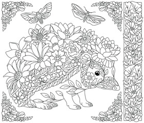Adult coloring book page. Floral hedgehog. Ethereal animal consisting of flowers, leaves and butterflies