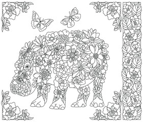 Adult coloring book page. Floral hippo. Ethereal animal consisting of flowers, leaves and butterflies