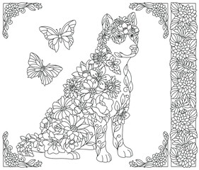 Adult coloring book page. Floral husky dog. Ethereal animal consisting of flowers, leaves and butterflies