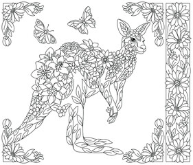 Adult coloring book page. Floral kangaroo. Ethereal animal consisting of flowers, leaves and butterflies