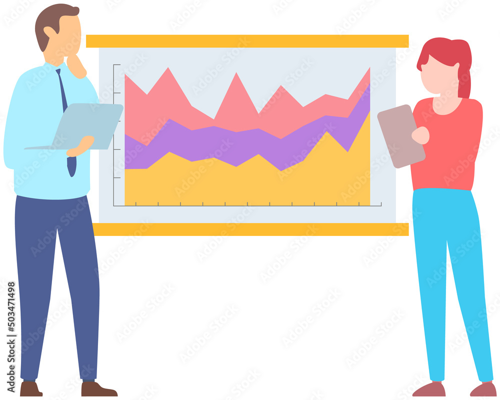 Poster man standing next to flipchart with diagram. presentation board with statistical data. business repo