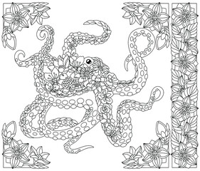 Adult coloring book page. Floral octopus. Ethereal animal consisting of flowers and leaves