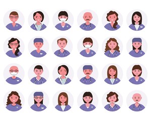 People portraits of males, females doctor and nurse. Men and women face avatars isolated at round icons set. Flat vector illustration