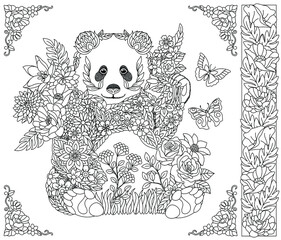 Adult coloring book page. Floral panda bear. Ethereal animal consisting of flowers, leaves and butterflies