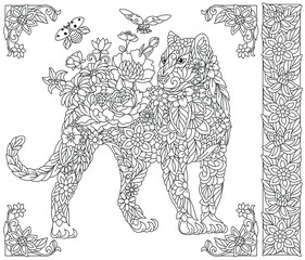 Adult coloring book page. Floral panther. Ethereal animal consisting of flowers, leaves and ladybugs