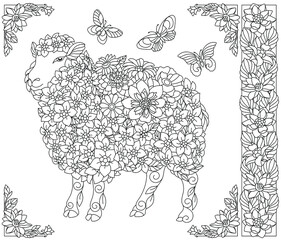 Adult coloring book page. Floral sheep. Ethereal animal consisting of flowers, leaves and butterflies