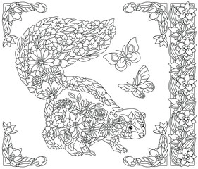 Adult coloring book page. Floral skunk. Ethereal animal consisting of flowers, leaves and butterflies