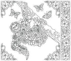 Adult coloring book page. Floral sloth on the tree. Ethereal animal consisting of flowers, leaves and butterflies