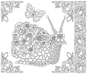 Adult coloring book page. Floral snail. Ethereal animal consisting of flowers, leaves and butterflies