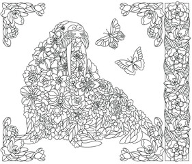Adult coloring book page. Floral walrus. Ethereal animal consisting of flowers, leaves and butterflies
