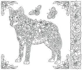 Adult coloring book page. Floral wolf. Ethereal animal consisting of flowers, leaves and butterflies