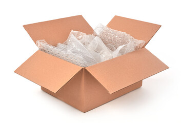 Open cardboard box with bubble wrapping