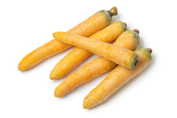 Fresh raw yellow carrots isolated on white background close up
