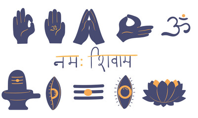 Set of hindu symbols and palms in mudra.