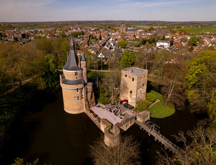 Picturesque aerial view of remains and tower of picturesque Duurstede castle with access bridge...