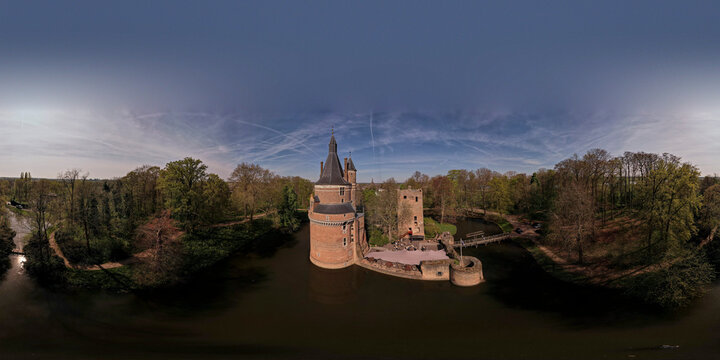 Ready for VR equirectangular projection aerial 360 panorama of Wijk bij Duurstede castle remains with surrounding park. Historic Dutch moated fortress ruin picturesque landmark. 
