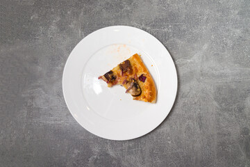 Bitten piece of pizza on a plate on the table