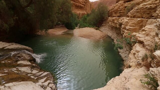 Aerial view of a small lake of fresh water and a small waterfall in Nahal Arugot, the desert in Ein Gedi-Israel. cloudy day