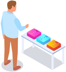 Man makes choise in mens clothing store, customer chooses shirt. Shopper in boutique looks at goods on stand. Buyer stands near showcase with clothes. Shopping, making purchase, buying goods in mall