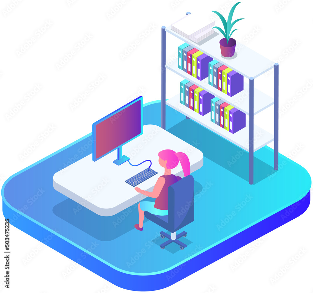 Aufkleber office workplace. business woman working with laptop and documents on shelf. employee working from h