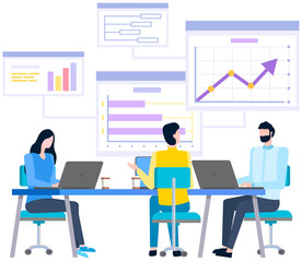 Women analysing diagrams, brainstorming. Marketing research results presentation. Colleagues discuss statistical indicators, business statistics. Female employees work with financial data analysis