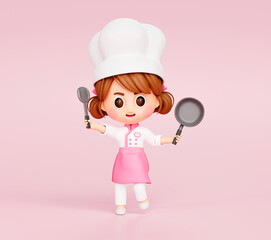 Cute chef girl in uniform holding pan and turner restaurant mascot character logo on pink background 3d illustration cartoon