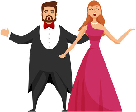 Opera singers musicians man and woman on stage. Concert hall perfomance flat color vector. Evening show of beutiful songs. Elegant classical music show artists. Premiere concerto of vocalists in opera