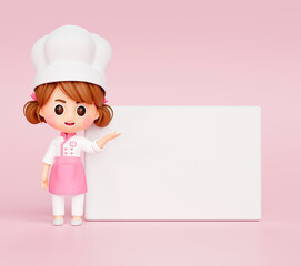 Cute chef girl in uniform points hands to presented to copy space restaurant mascot character logo on pink background 3d illustration cartoon